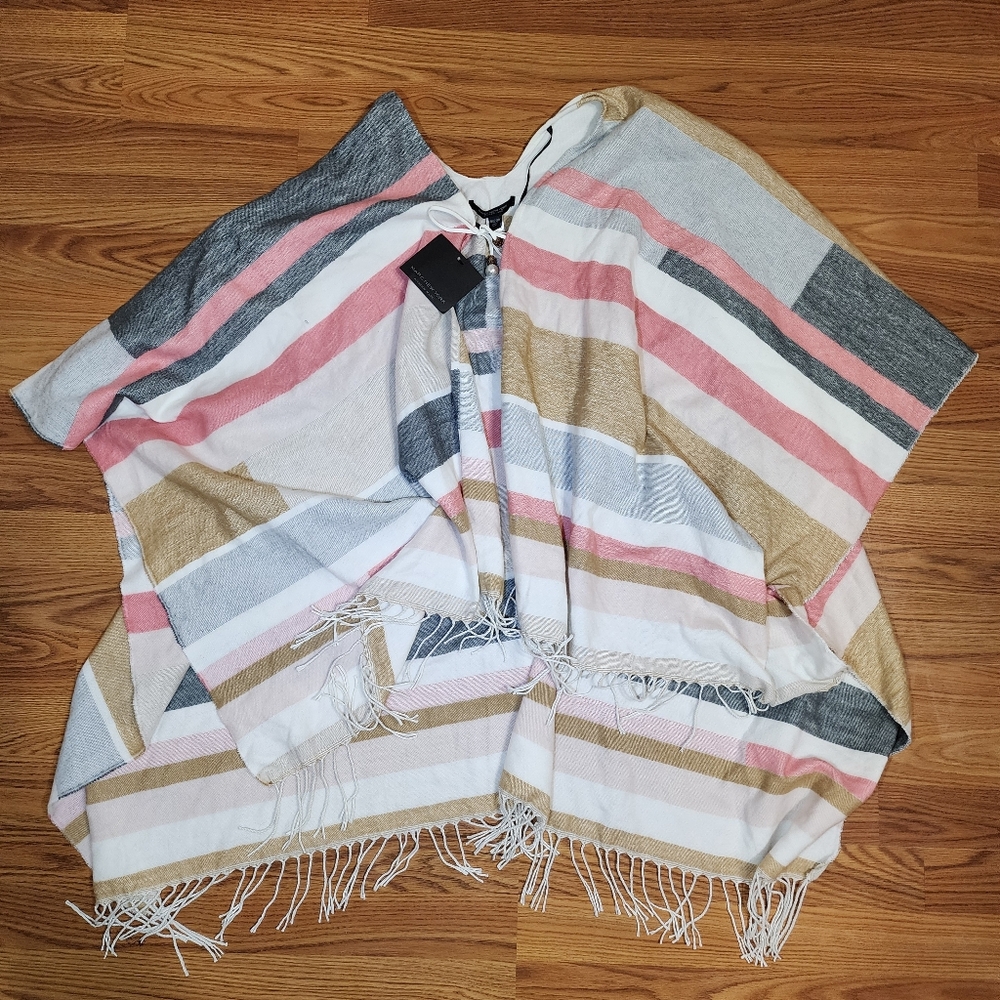 NWT Marc New York Poncho Striped Earth Tones Decorative Gold & Pearl Tie Fringe